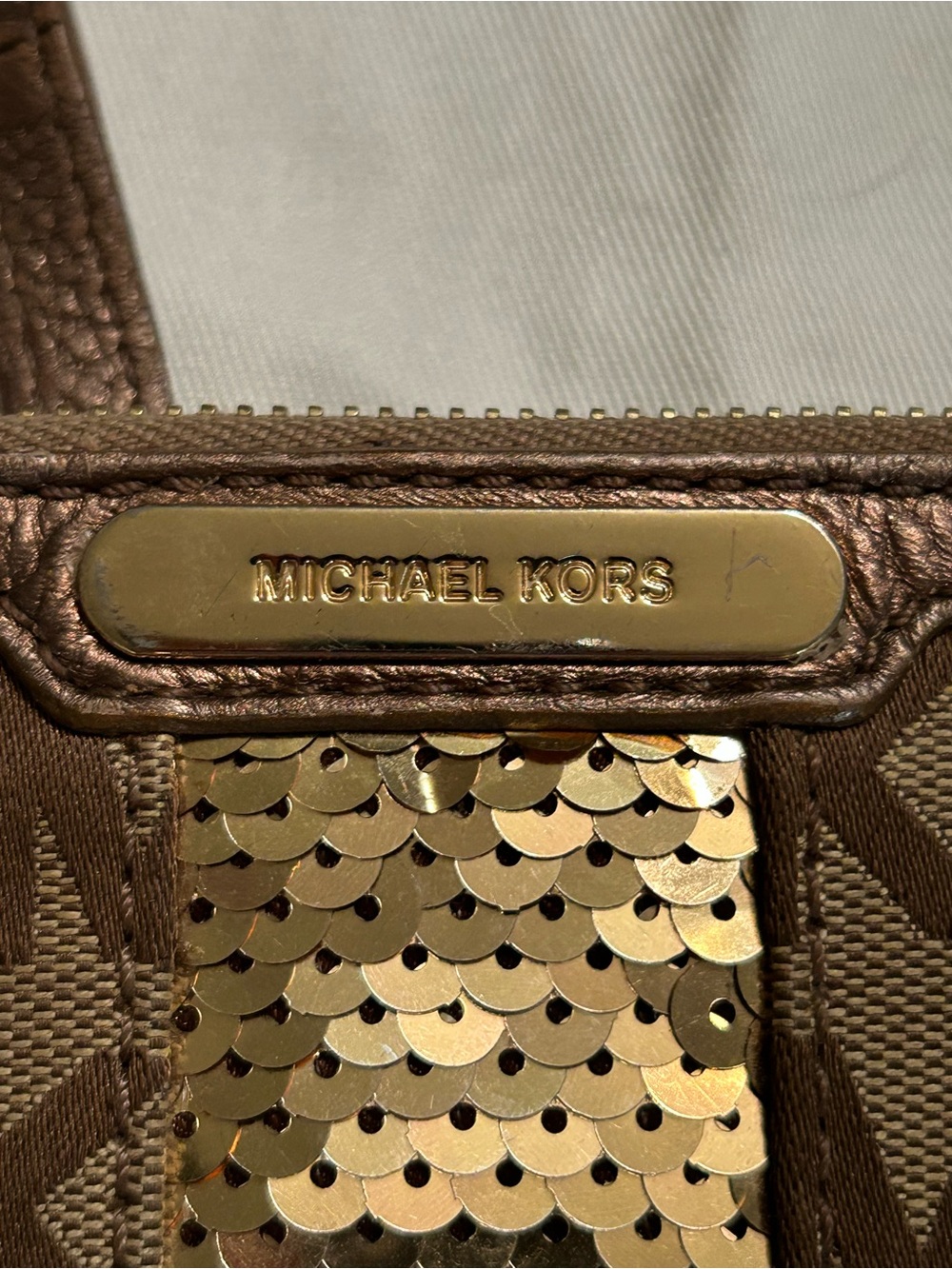 Michael Kors Brown MK Logo Crossbody with Gold Sequin Center - Picture 6 of 8